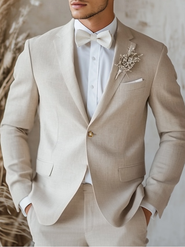  Herren Hochzeit Leinenanzüge Gekerbtes Revers Beige Leicht Lässig Einfarbig Standard Passform 2-teilig Einreiher - 1 Knopf
