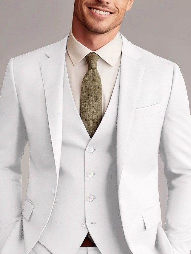  Men's Wedding Suits White Yellow Solid Colored Slim Fit 3 Piece Single Breasted Two-buttons