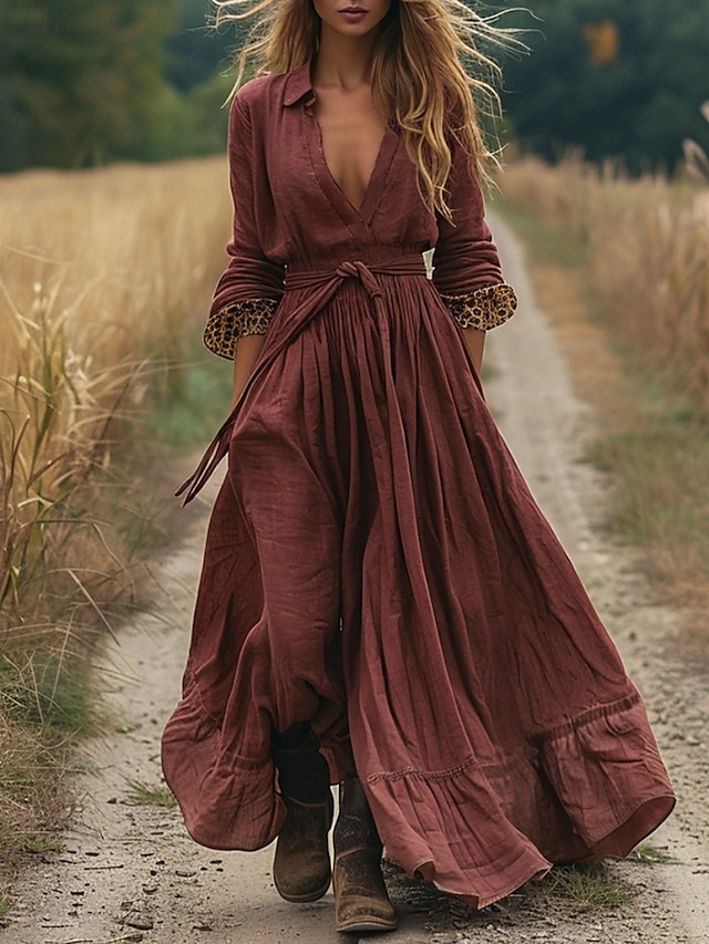  Femmes Robe Longue Maxi Robe Robe Décontractée Robe évasée Robe d'été Robe bohème ancien Vacances Quotidien Fête Coupe régulière Léopard manche longue Col en V Fuchsia Été