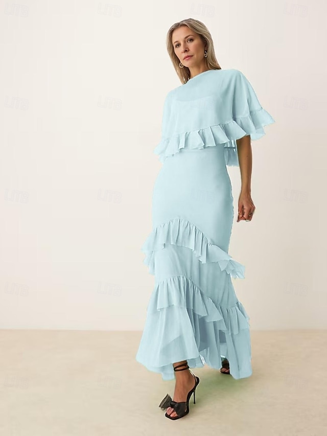  A-Linie Brautmutter Kleid Rohe Kanten Einfach Minimalistisch Boot-Ausschnitt Bodenlang Chiffon Kurzarm mit Kaskade Rüschen