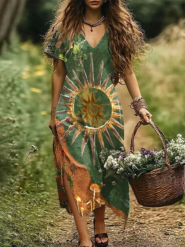  Mulheres Vestido midi Vestido T shirt Vestidos Para o Verão Vestido A Line Férias Casual Ao ar livre Para Noite Praia Padrão Gráfico Geométrica Tribal Manga Curta Decote V Verde Escuro Vermelho Azul