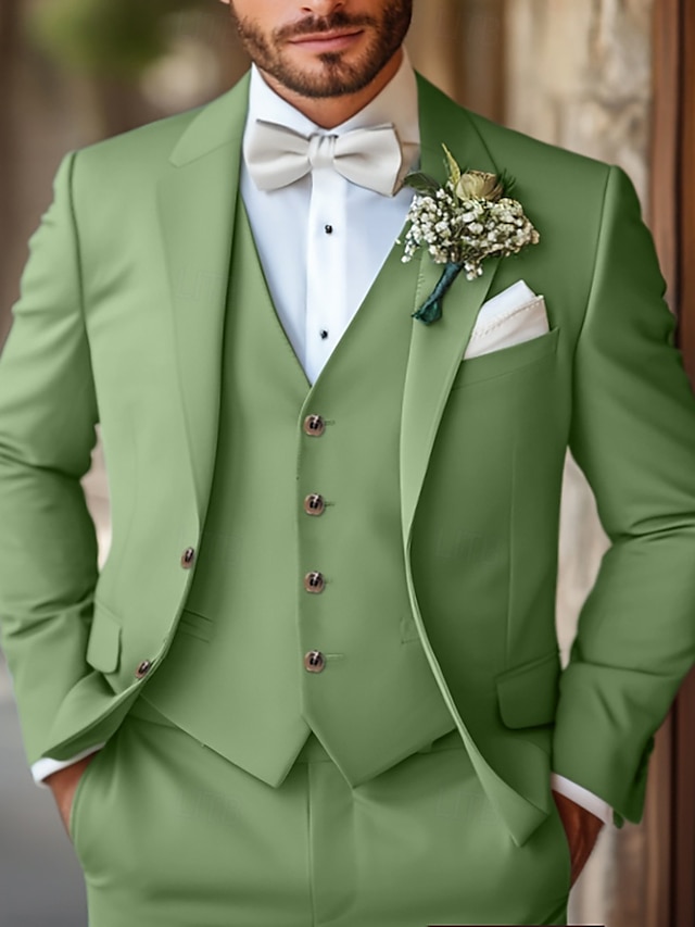  Trajes de boda para hombre, color salvia, moda de verano, formales, de color liso, corte estándar, 3 piezas, botonadura sencilla, dos botones