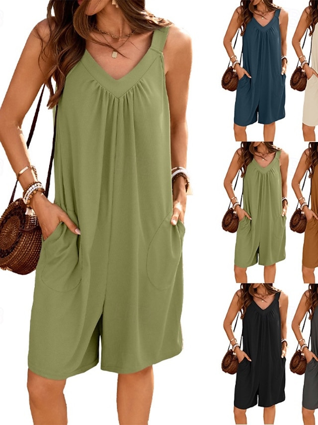  Damen Normal Strampler Lässig Einfarbig Ärmellos V Ausschnitt Tasche Straße Täglich Normale Passform Schwarz Hellgrün Blau Sommer