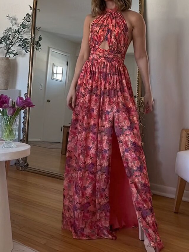 Women's Long Dress Maxi Dress Casual Dress Floral Dress Fashion Elegant Dress Outdoor Party Holiday Regular Fit Flower Sleeveless Halter Neck Red Summer4