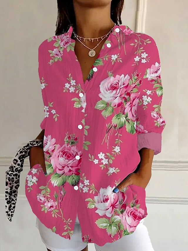Women's Shirt Button Down Tunic Shirt Collar Long Sleeve Floral Graphic Vintage Tropical Daily Regular Tops Work Daily Holiday s Print Rose Pink Spring4