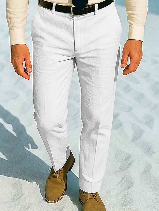  Homens Social Calças de linho Calças chinês Botões Bolsos Tecido Conforto Formal Festa Trabalho Moda Estilo Clássico Branco Cáqui Micro-Elástica