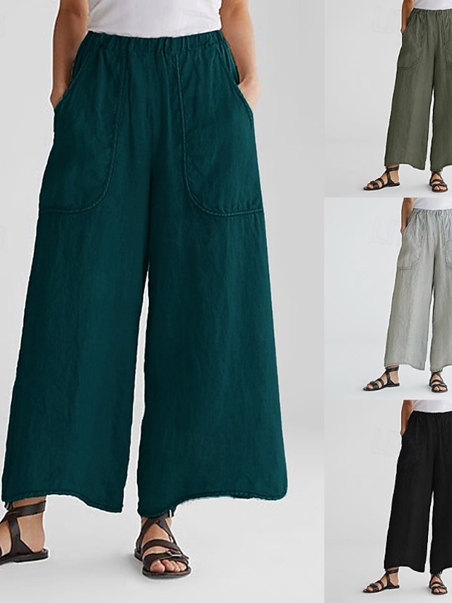 女性用 コットンリネンパンツ スラックス ファッション ストリートファッション 全長 ナチュラルウエスト 平織り ポケット 弾性ウエスト 快適 屋外 バケーション お出かけ ブラック アーミーグリーン グリーン ライトグレー 夏 レギュラー
