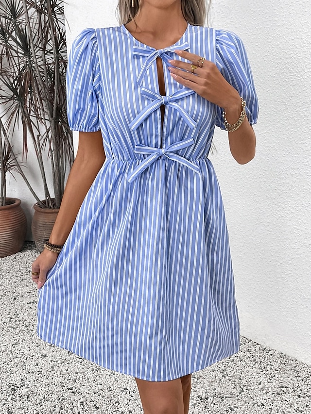  Pentru femei Rochie Mini Rochie A line Rochie de vară Casual Zilnic Fit regulat Grafic Dungi Manșon scurt Stil Nautic Negru Albastru piscină Vară
