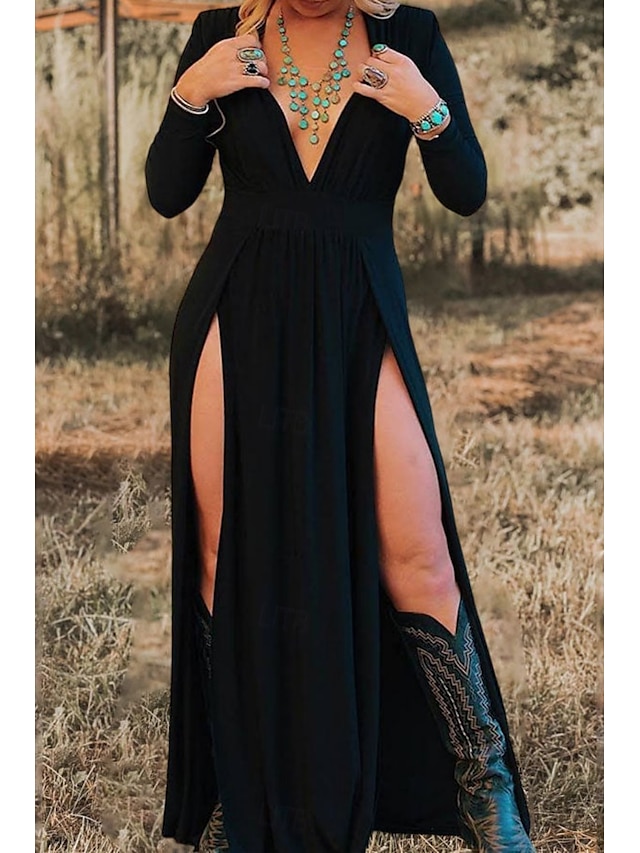 Damen Maxikleid A Linie Kleid Lässig Outdoor Ausgehen Normale Passform Einfarbig Langarm V Ausschnitt Schwarz Sommer