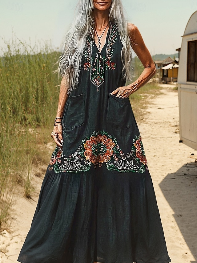  Femmes Robe Longue Maxi Robe Robe Décontractée Robe évasée Robe d'été Robe bohème ancien Vacances Quotidien Fête Coupe régulière Fleuri Sans manches Col en V Vert foncé Été