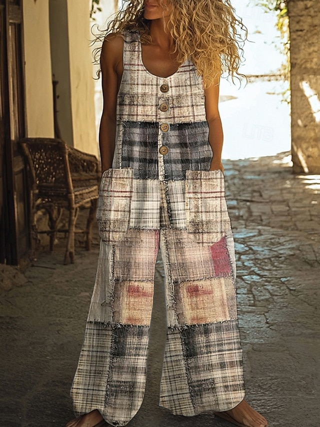  Per donna Normale Tuta Casual Plaid Senza Maniche Gamba larga Girocollo Patchwork Streetwear Quotidiano Vestibilità regolare Bianco Estate