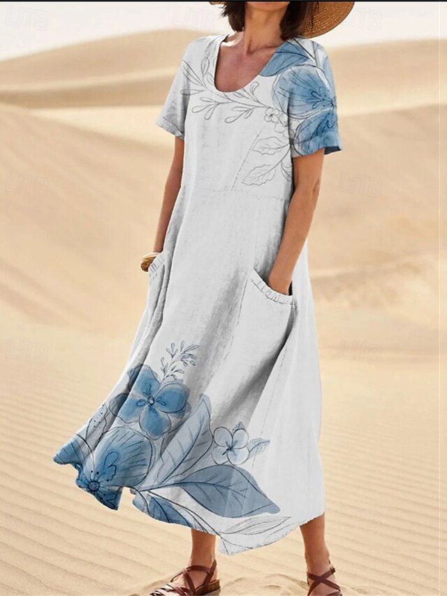 Women's Long Dress Maxi Dress Casual Dress Swing Dress Summer Dress Elegant Fashion Romantic Outdoor Party Holiday Regular Fit Flower Short Sleeve Crew Neck Black Blue Green Summer4