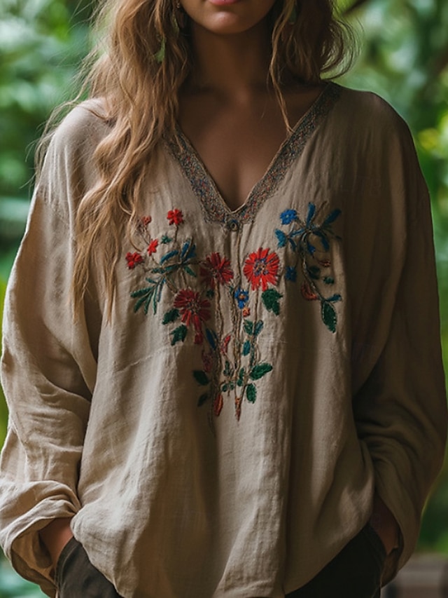 Per donna Camicie di cotone e lino Camicia Boho Blusa Fiore Moderno Boho Manica Lunga Scollo a V Top Regolari Quotidiano Ferie Stampato Albicocca Estate