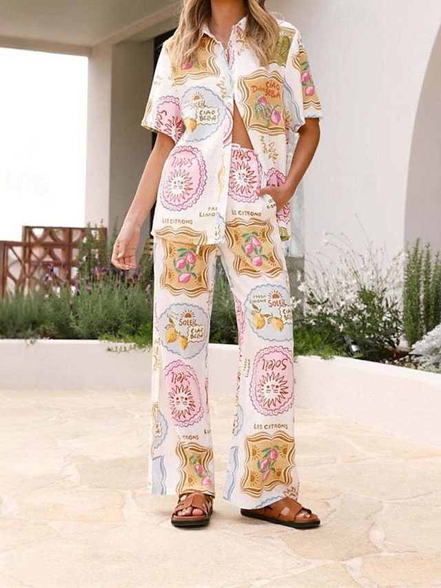  Damen Mode Streetwear Baumwoll-Leinen-Sets Hosen-Sets Kurzarm Hemdkragen Pflanze Druck Alltagskleidung Date Weiß Sommer Normale Passform