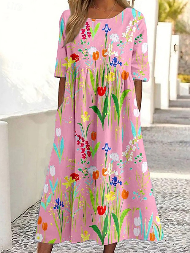  Women's Midi Dress A Line Dress Summer Dress Vacation Casual Daily Holiday Loose Fit Floral Graphic Half Sleeve Crew Neck Yellow Pink Blue Summer Spring