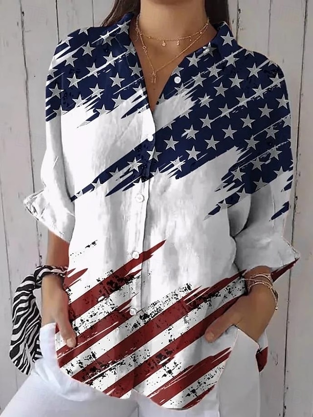 Independence Day Women's Patriotic Fourth of July Shirt Graphic Flag USA Vintage Daily Stylish Long Sleeve Shirt Collar Regular Tops Work Daily Buttons Print White Blue Khaki Summer Spring
