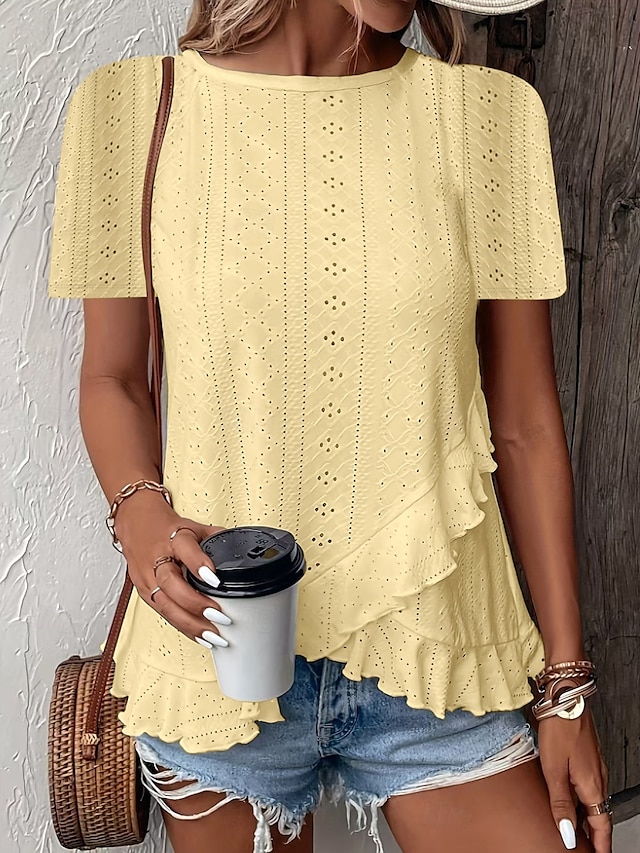  Tricou pentru femei Culoare solidă Simplu Basic Casual Mâneci scurte Guler rotund Topuri Regular Zilnice Weekend Volan Dantelat Alb Galben Roz Verde Vară