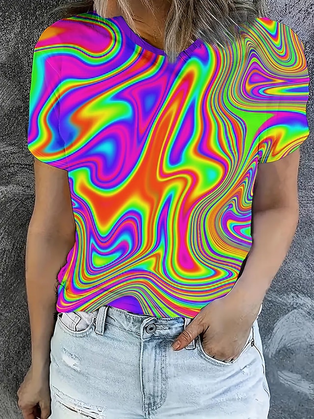  女性用 Tシャツ 夏のトップス グラフィック 3D クラシック カジュアル 半袖 クルーネック クロップトップ 日常 週末 プリント レインボー 夏 春 秋