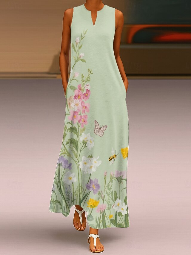 Women's Maxi Dress Sundress A Line Dress Summer Dress Vacation Casual Boho Daily Holiday Loose Fit Floral Graphic Sleeveless V Neck Green Summer4