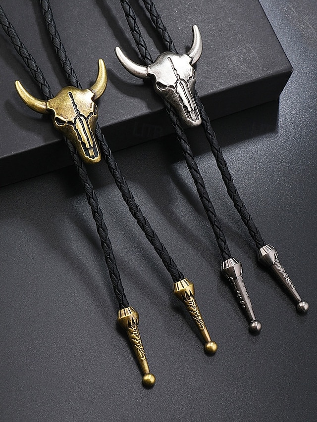  herrhalsband med tjurhuvud och bolo-slips – västerländskt hänge i form av koskalle med flätat lädersnöre, accessoar i vintage-cowboystil för countrykonserter, rodeos och vardagskläder