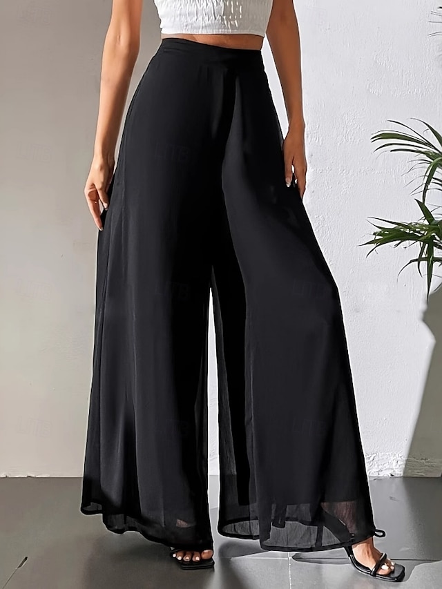  Femmes Jambe large Chinos Vacances ancien Mode Longueur complète Taille haute Uni Avec Poches Ceinture Élastique Confortable Doux Micro-Élastique Extérieur Rue Noir Été Printemps Coupe Ample