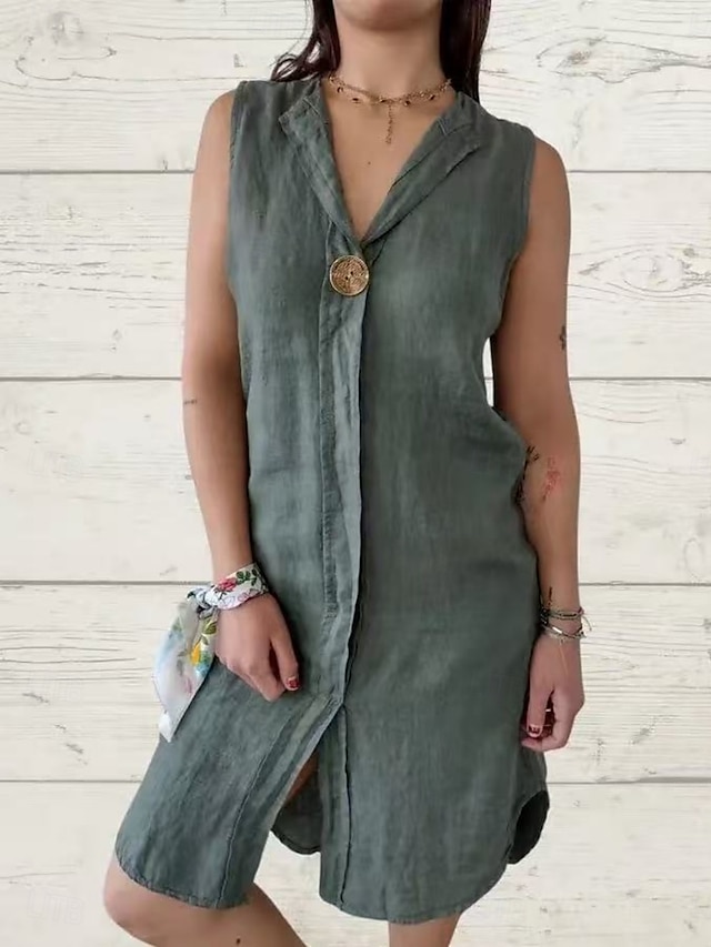  Damen Minikleid Kleider mit Leinenstruktur aus Poly-Baumwolle Freizeitkleid Sommerkleid Klassisch Modern Täglich Wochenende Normale Passform Einfach Ärmellos V Ausschnitt Schwarz Rosa Grün Sommer