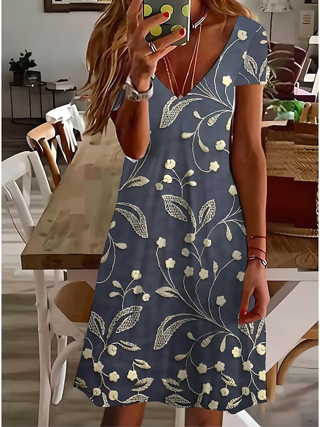  Femmes Mini Robe Robe T-Shirt Robe d'Été Robe trapèze Robe d'été Vacances Occasionnel Chaussures de plage Quotidien Sports Fête Coupe régulière Fleuri Graphique Manche Courte Col en V Bleu Ciel Vert