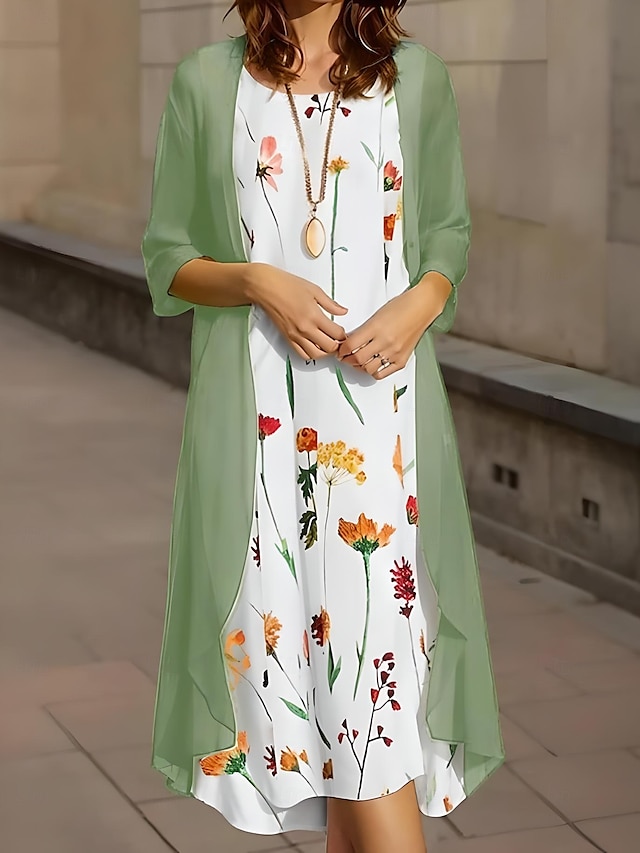  Femmes Robe Ensemble Robe d'été Occasionnel Formel Fleuri Graphique Imprimé Robe Midi Manche 3/4 Col ras du cou Formel Extérieur Vert Claire Bleu Vert Été Printemps Coupe régulière