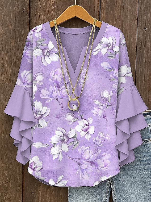  Blusa Feminina Topos com Mangas em Camadas de Babados Estampas Florais Gráficas Bohemia Vintage Diária Mangas 3/4 V Neck Regulares Topos de Uso Diário de Férias Imprimem Rosa Azul Roxo Verde Verão