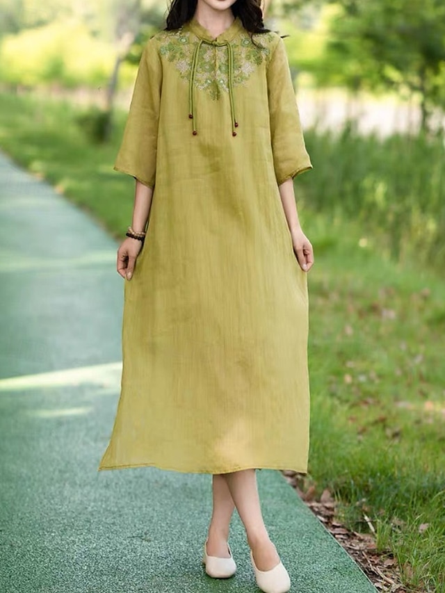  Pentru femei Rochii Midi Rochie din in bumbac Rochie florala Modă Modern Vacanță Zilnic Concediu Fit regulat Floare Manșon Jumate Guler de stand Roz Îmbujorat Albastru piscină Trifoi Caisă Vară