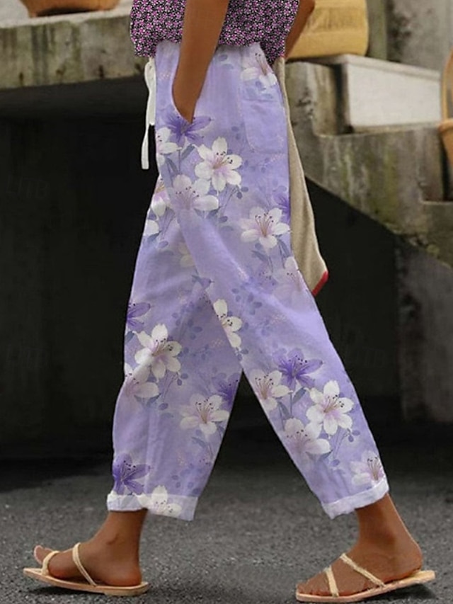  Women's Linen-Inspired Pants Cropped Pants Harem Pants Streetwear Boho Ankle-Length Mid Waist Flower Elastic Waist Breathable Comfortable Micro-elastic Outdoor Daily Wear Purple Summer Regular Fit