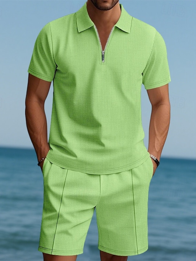  Férfi Pólóingek Quarter Zip Polo Szabadtéri Hétköznapi viselet Hajtóka Rövid ujjú Divat Hawaii Sima 2 db Nyár Normál Fekete Fehér Sötétkék Királykék Lóhere Khakizöld Pólóingek