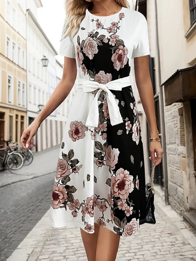  Női Midi ruha A vonalú ruha Bodycon ruha Szabadság Iroda Normál Virágos Grafika Rövid ujjú Terített nyak Fehér Nyár