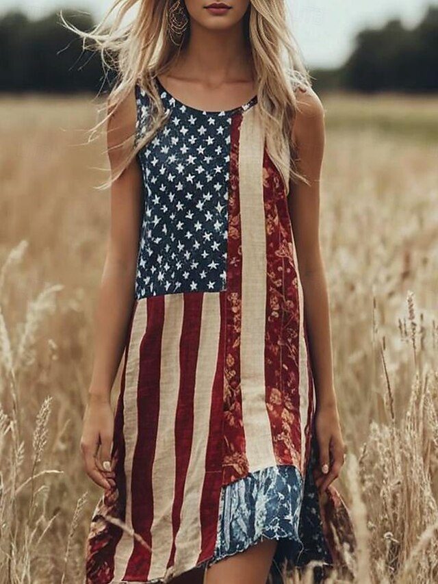 Women's Patriotic  Mini Dress Sundress A Line Dress Off The Shoulder Dress Vacation Casual Boho Party Loose Fit Graphic Flag Geometric Sleeveless U Neck Red Summer3