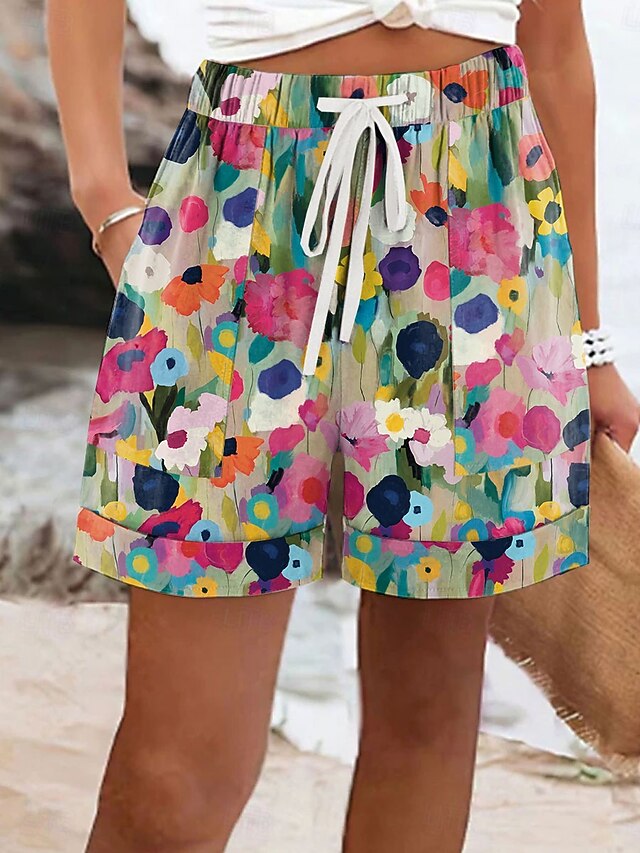 Women's Chinos Shorts Vacation Vintage Ethnic Style Short Mid Waist Floral Graphic Drawstring Elastic Waist Formal Vacation Street Pink Khaki Beige Summer Spring Regular Fit4