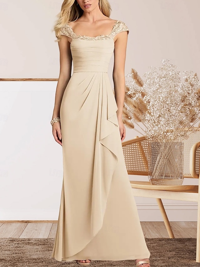  A-Lijn Moeder van de Bruid Jurk Bruiloft Gast Elegante Hartvormige Vloerlengte Chiffon Kap Mouw met Kant Ruching