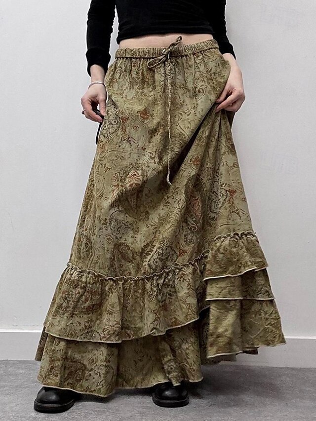  Dam Kjol Volang kjol Mode Boho Maxi Mellanhög midja Kjolar Blommig Volang Mönster Microelastisk Semester Gata Brun Sommar Polyester