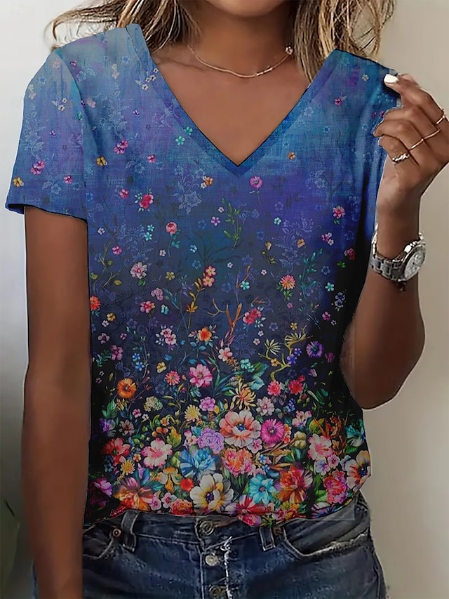  Femmes T-shirt Hauts d'été Fleuri Graphique Classique Occasionnel Manche Courte Col en V Hauts courts Quotidien Week-end Imprimé Bleu Été Printemps Automne