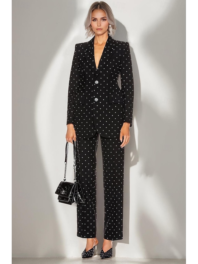  Zweiteiliges Jumpsuit  Hosenanzug Hosenanzug Kleid der Mutter der Braut Elegant Vintage Einfach V-Ausschnitt Spitzrevers Knöchellang Lange Ärmel mit Knöpfen Kristallen