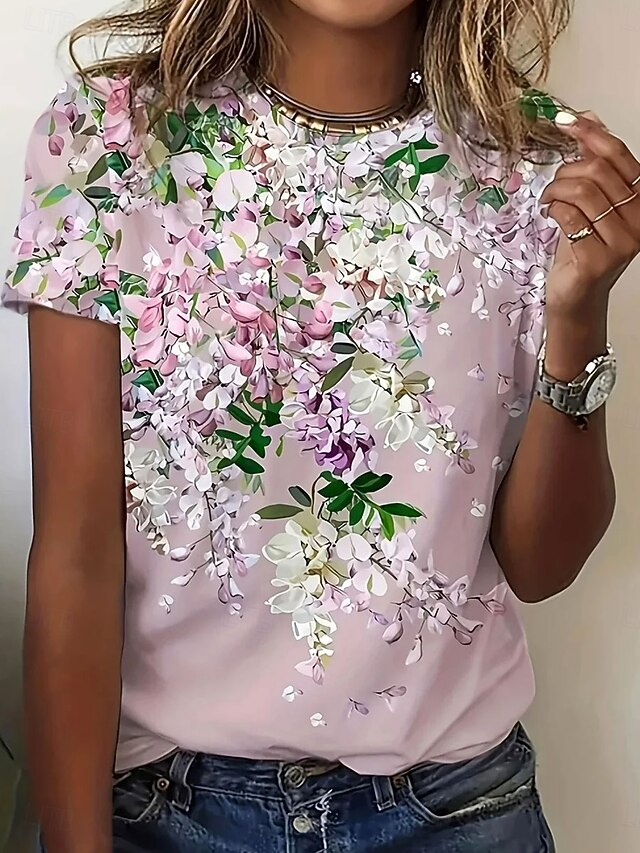Women's T Shirt Floral Graphic Plants Vintage Stylish Classic Short Sleeve Crew Neck Regular Tops Daily Weekend Print Pink Summer3