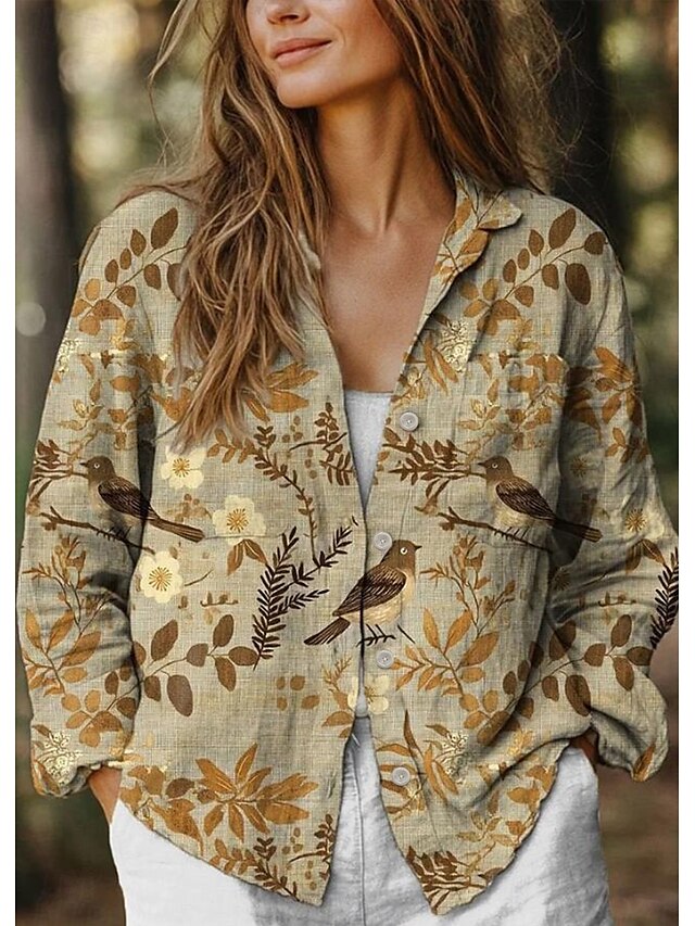  Camisa de mujer Blusa Floral Gráfica Estilosa Casual Linaza Como Manga Larga Cuello de Camisa Tops Regulares Diario Vacaciones Salir Botones Verde Claro Verde Caqui Verano Primavera