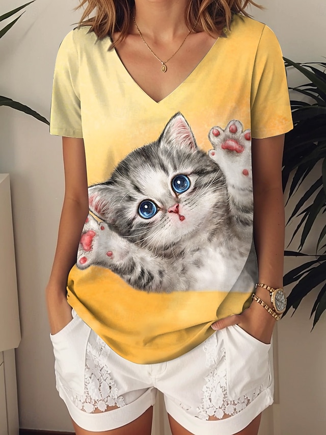  Kayomi Harai Damen T-Shirt Grafik Tier Katze Tropisch Hawaiianisch Stilvoll Kurzarm V-Ausschnitt Normal Oberteile Alltagsdruck Gelb Blau Grün Sommer Frühling