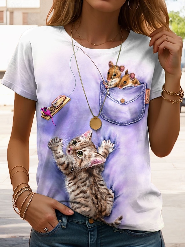  Tricou damă kayomi harai, grafică animală, pisică, drăguț, elegant, casual, mânecă scurtă, guler rotund, guler rotund, topuri obișnuite, imprimeu zilnic, violet, vară, primăvară