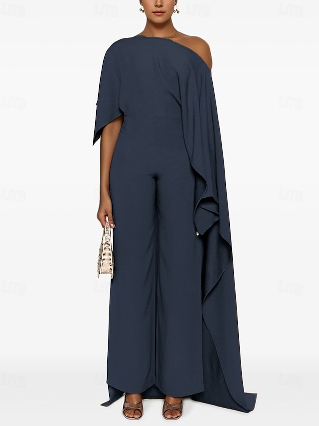  Jumpsuit Mother of the Bride Dress Elegant Simple Casual One Shoulder Floor Length Spandex Stretch Fabric Sleeveless with Cascading Ruffles Solid Color