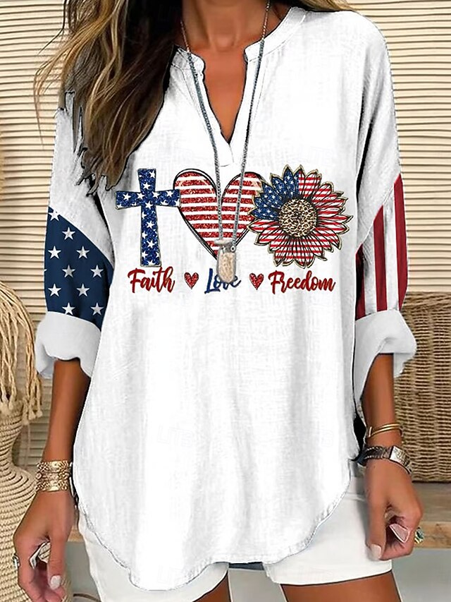 Women's Blouse Tunic V Neck Long Sleeve Boho Casual Patriotic Graphic Flag Vintage Stylish Regular Tops Daily White4