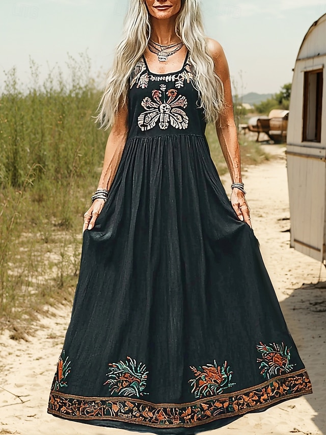  Femmes Robe Longue Maxi Robe Robe Décontractée Robe évasée Robe d'été Robe bohème ancien Vacances Quotidien Fête Coupe régulière Fleuri Sans manches Col en U bleu marine Été