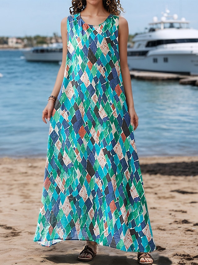  Damen Maxikleid A Linie Kleid Sommerkleid Boho Täglich Ferien Normale Passform Grafik Farbblock Ärmellos Rundhalsausschnitt Rosa Rote Grün Sommer