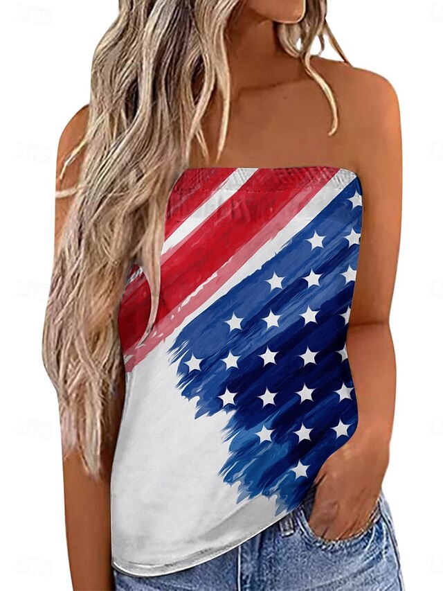 Women's Camisole Tank Top Flag Daily Sexy Casual Sleeveless Strapless Regular Tops Daily Backless Print Wine Red Navy Blue Blue Summer2