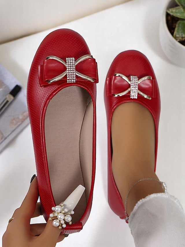  Damen-Lackleder-Schleifen mit Strass-Detail – klassische Slip-On-Schuhe für erwachsene Frauen, perfekt fürs Büro, tägliche Besorgungen, Abendessen und Feiertagstreffen