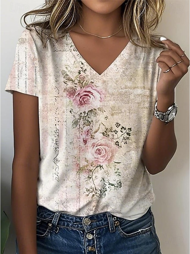  Femmes T-shirt Fleuri Graphique Paisley Bohème ancien Élégant Manche Courte Col en V Hauts Réguliers Quotidien Sortir Week-end Imprimé Vert cendré Violet Beige Été